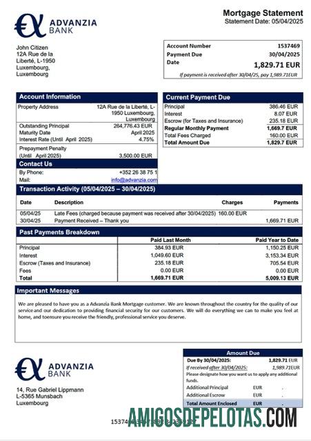 para download Modelo Word e PDF de extrato de hipoteca do Luxemburgo Advanzia Bank